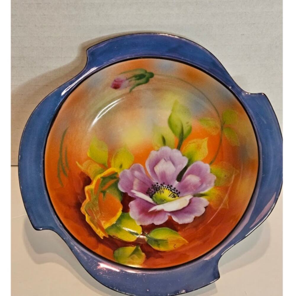 Japan Sakuraware Bowl Hand Painted Porcelain Ceramic Floral Black trim 7"